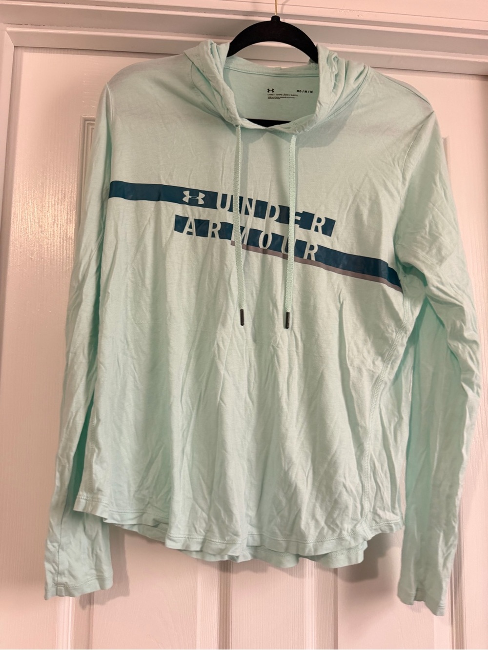 Under Armour Mint Green Hooded Long Sleeve Top with Navy Logo Stripe